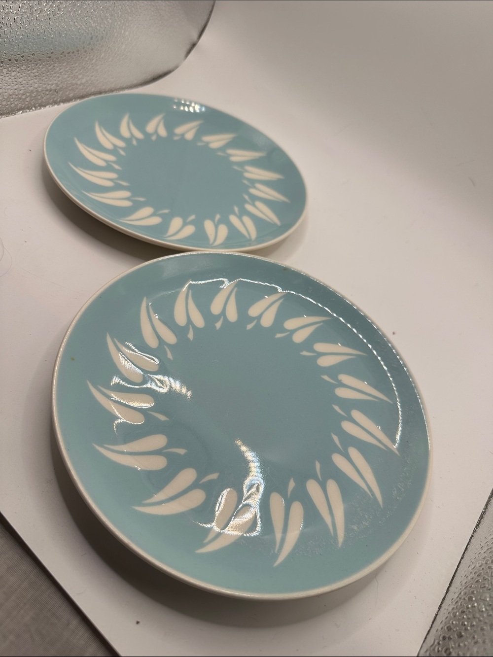 Homer Laughlin Light Blue and White Ceramic Dessert Plates - Pair 7.5”